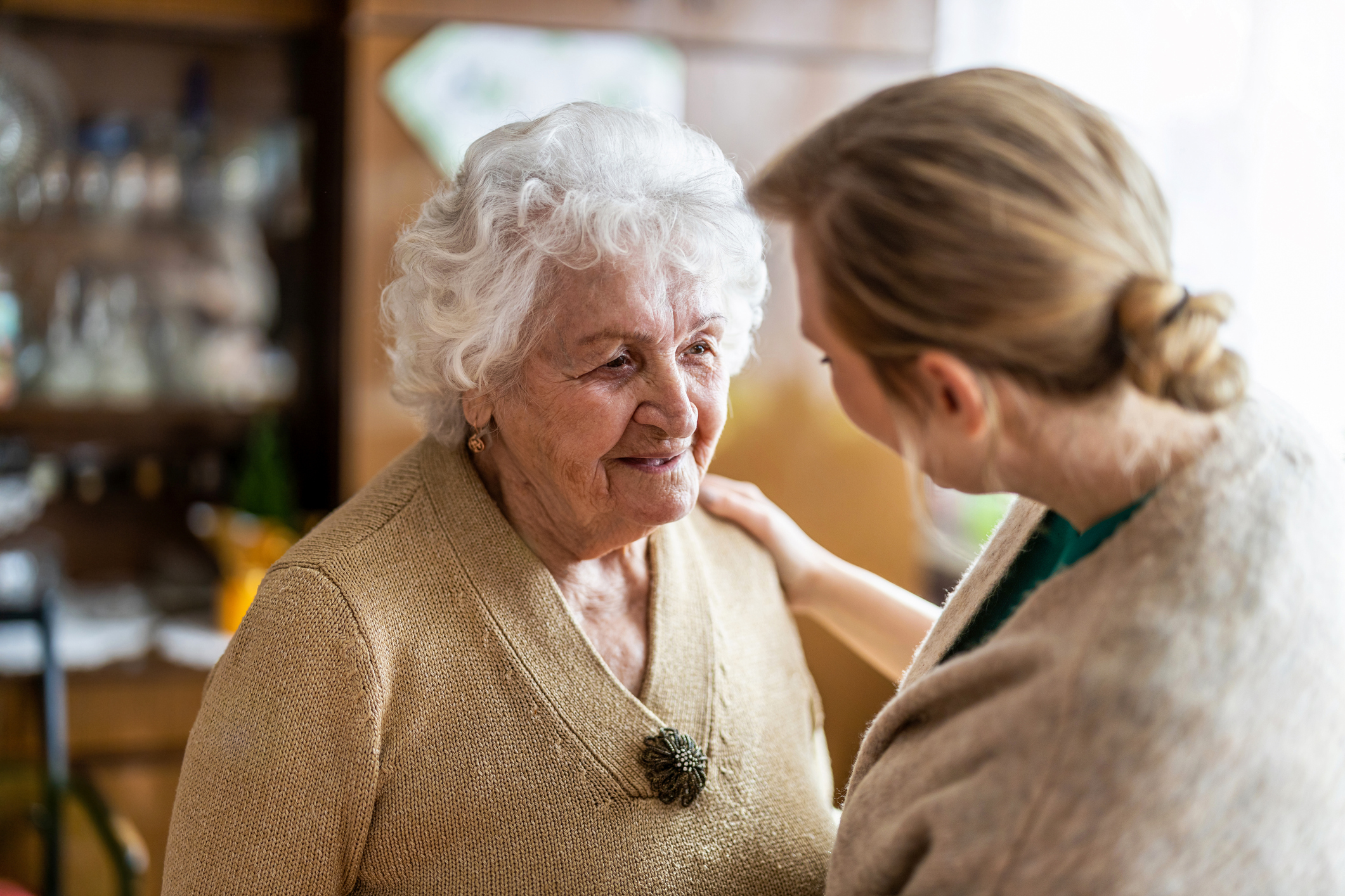 Elderly woman sitting with health professional.